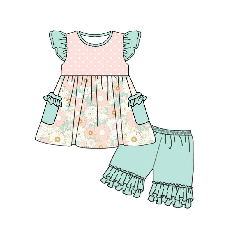 preorder GSSO1078 multi color flowers sky blue pocket flutter sleeve sky blue shorts girls set