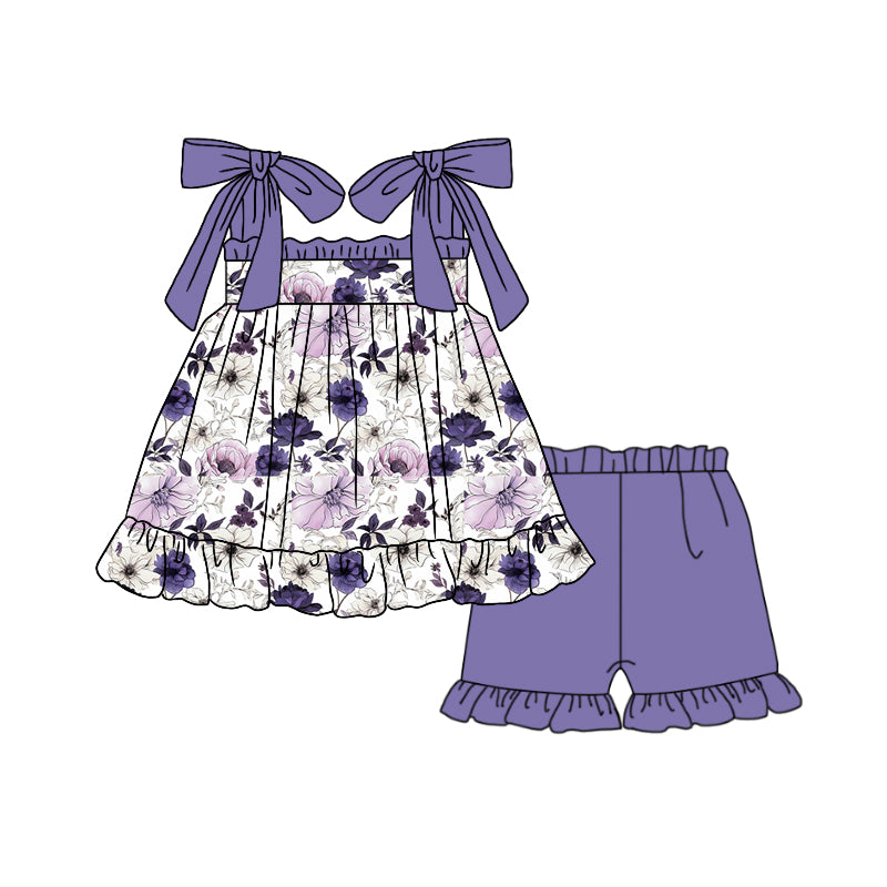 preorder GSSO1080 pink flowers purple flowers lace-up purple shorts girls set