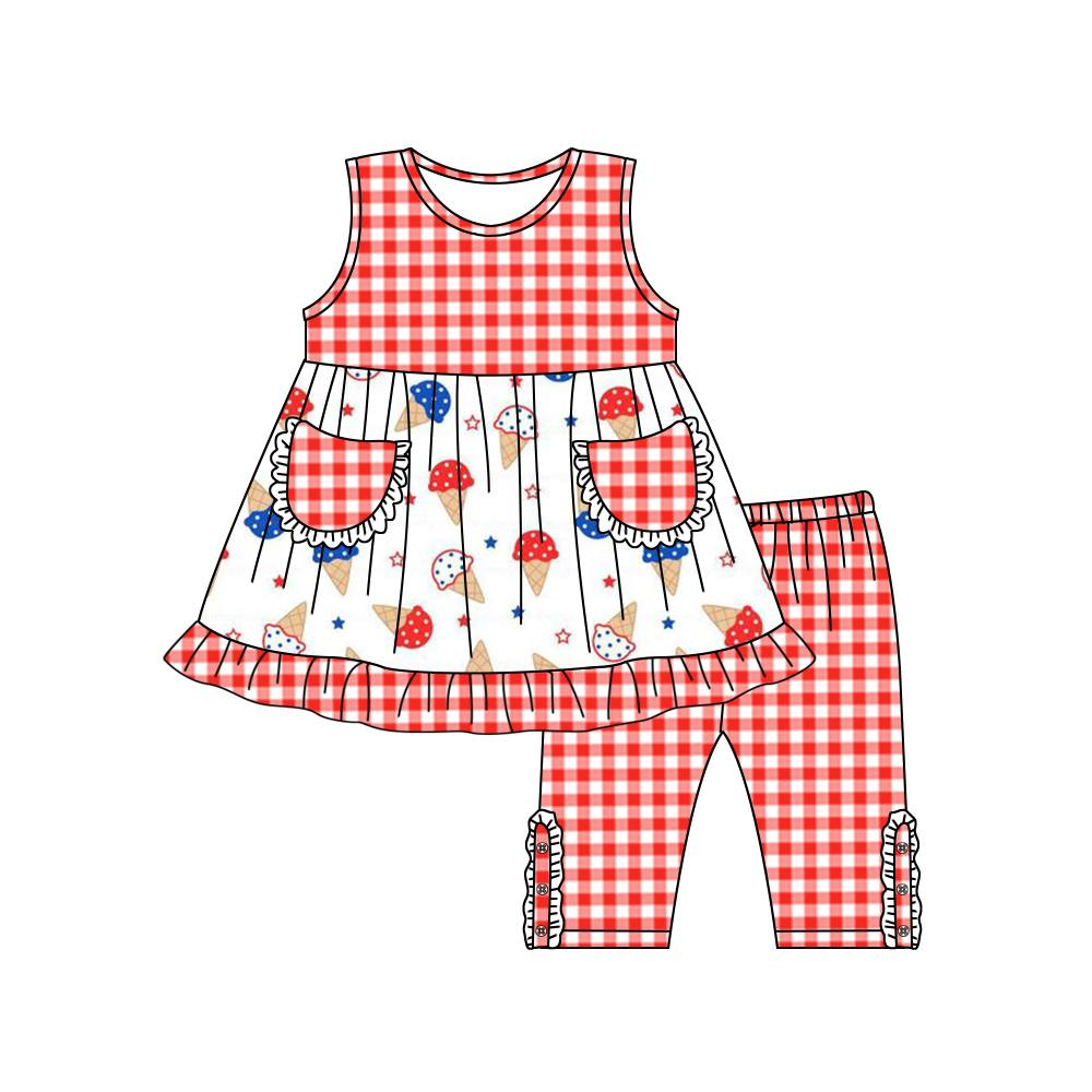 preorder GSSO1088 July 4th red blue ice red checkered pockets sleeveless red checkered pants girls set