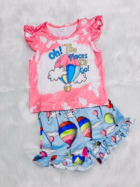 preorder GSSO1090 oh the places i'll go hot air balloon pink flutter sleeve blue shorts girls set