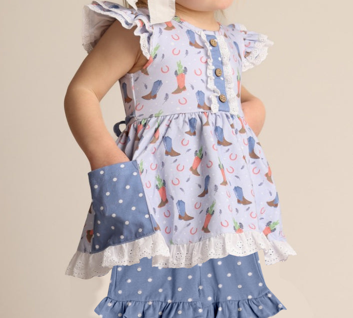 preorder GSSO1092 Western boot cactus pockets flutter sleeve blue dot shorts girls set