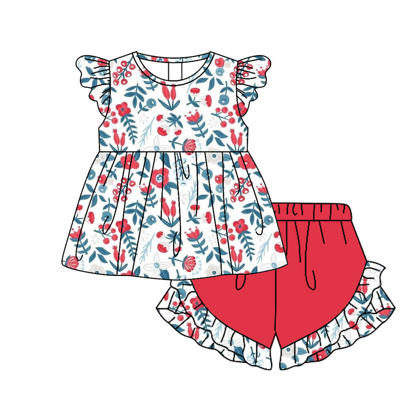 preorder GSSO1093 red flowers leaf flutter sleeve red ruffles shorts girls set
