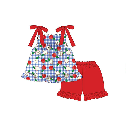 preorder GSSO1103 back to school apple blue checkered lace-up red shorts girls set