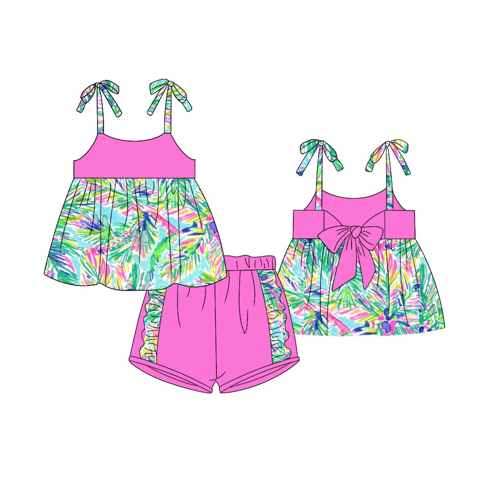preorder GSSO1107 Summer multi color coconut tree hot pink lace-up girls shorts set bright color print