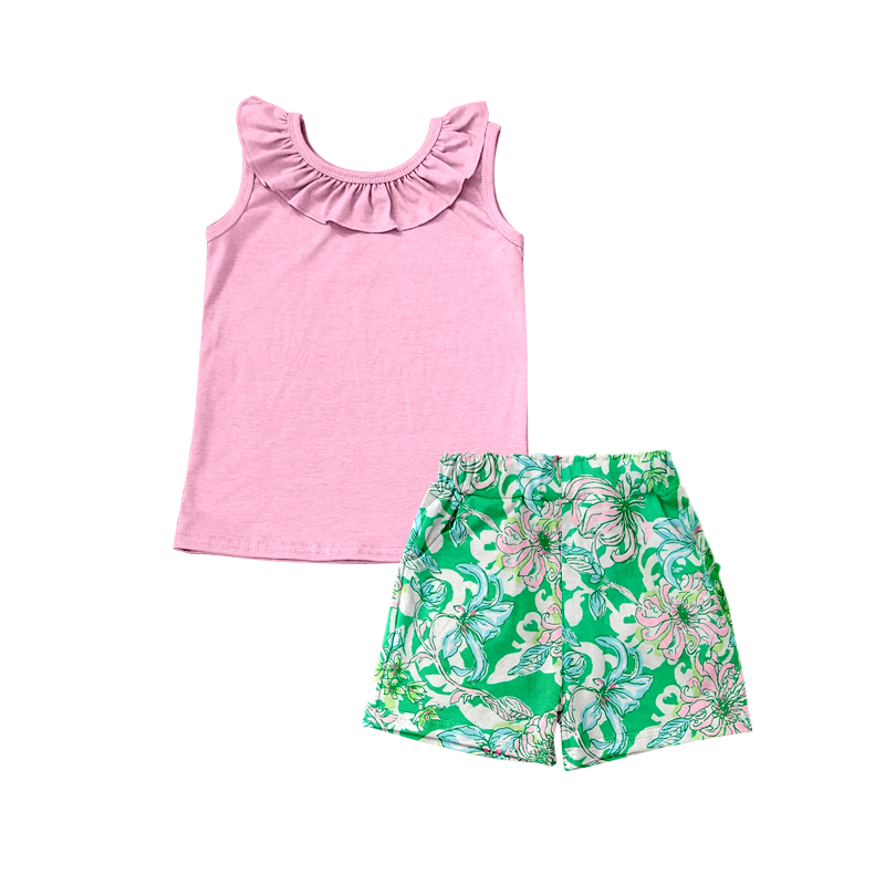 preorder GSSO1110 pink ruffles flutter sleeve pink flowers green shorts girls set bright color print