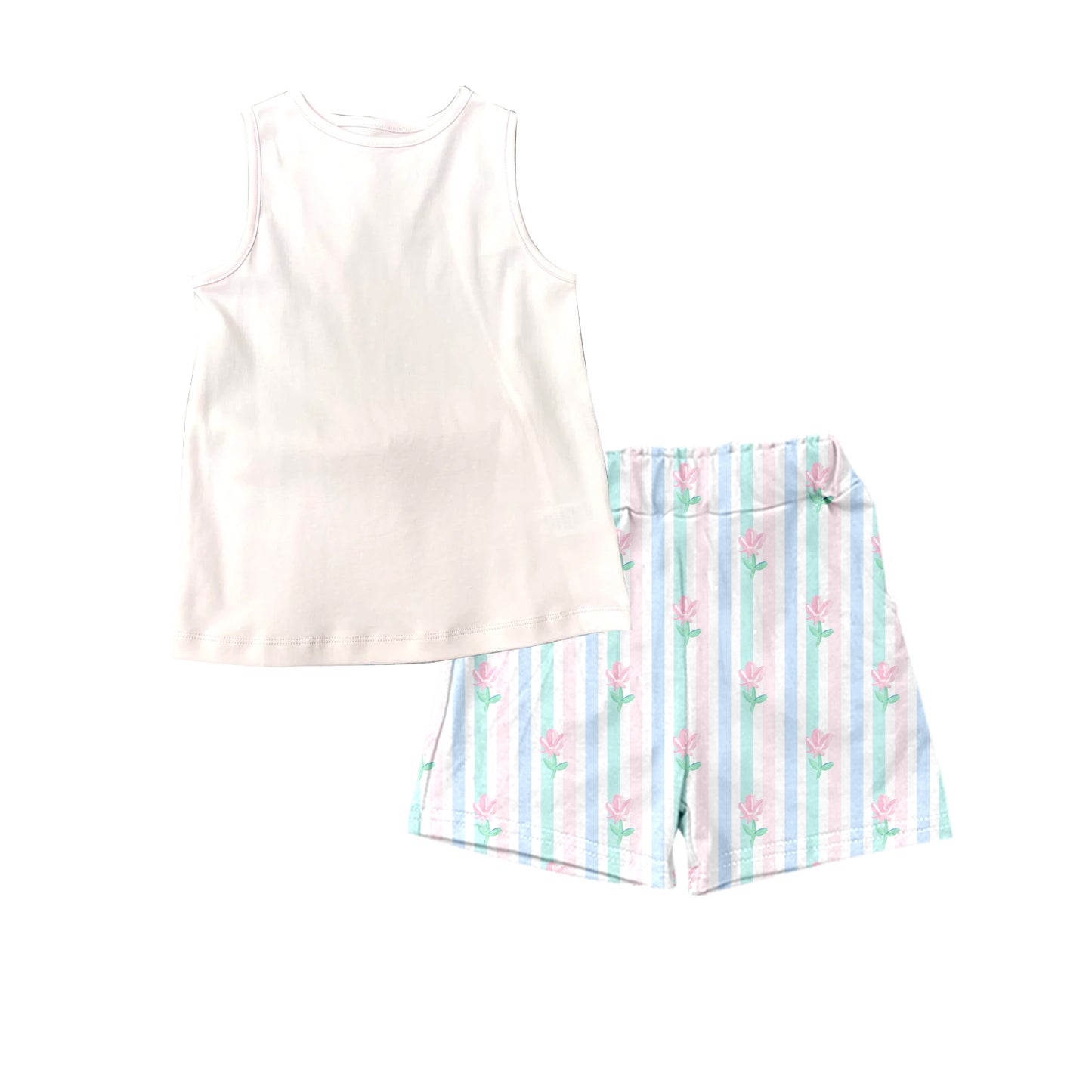 preorder GSSO1111 white sleeveless little pink flowers colorful striped shorts girls set