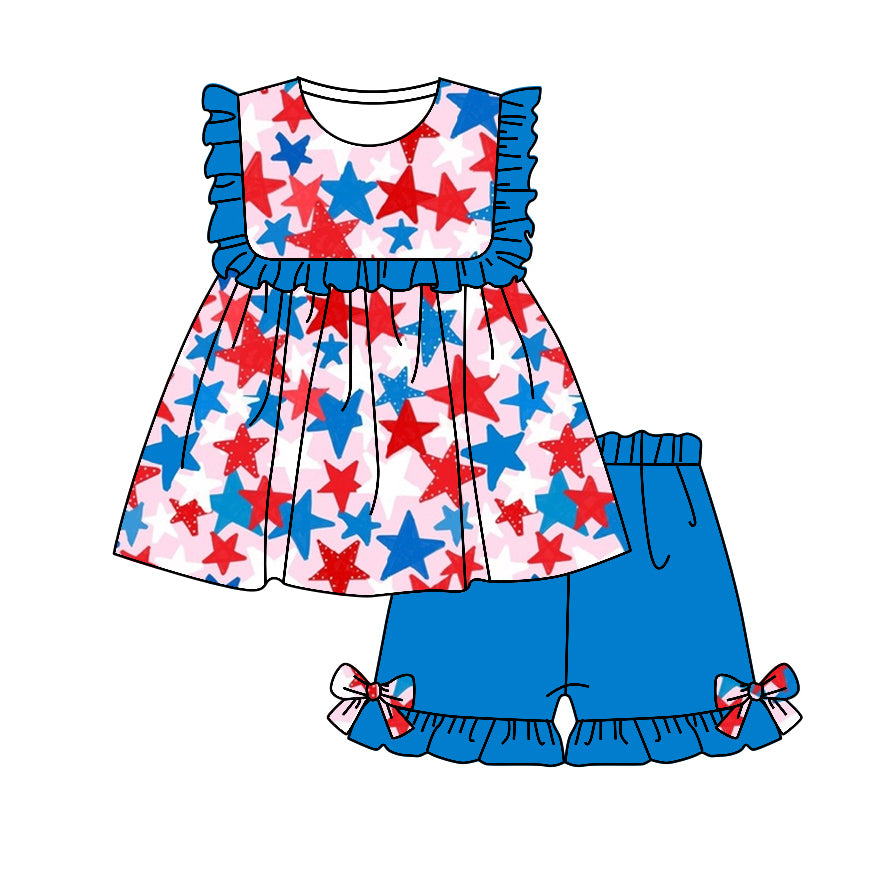 preorder GSSO1114 July 4th star red blue star sleeveless blue shorts girls set