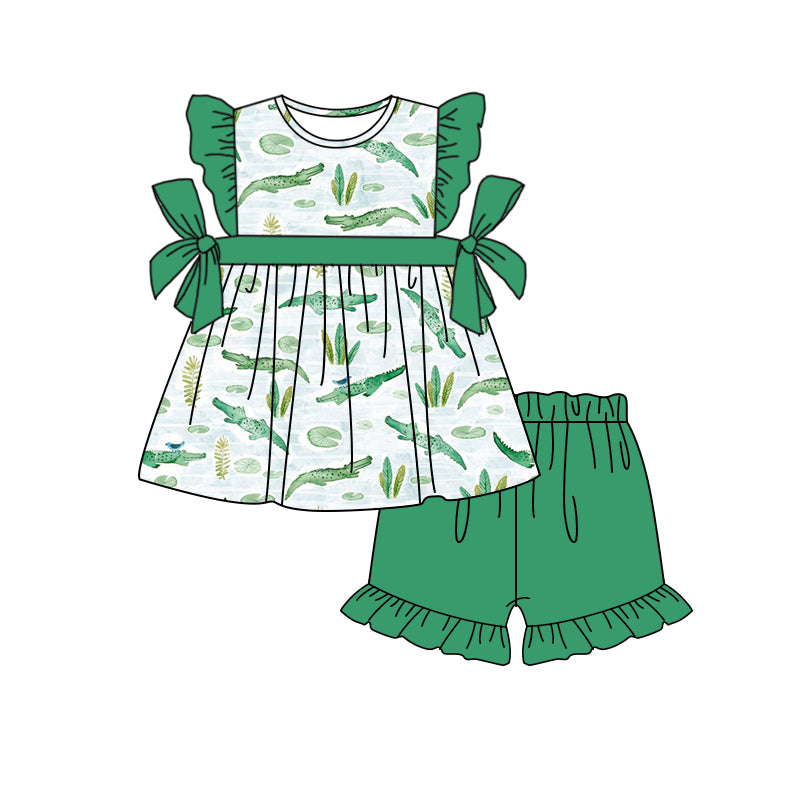 preorder GSSO1117 crocodile green flutter sleeve green ruffles shorts girls set