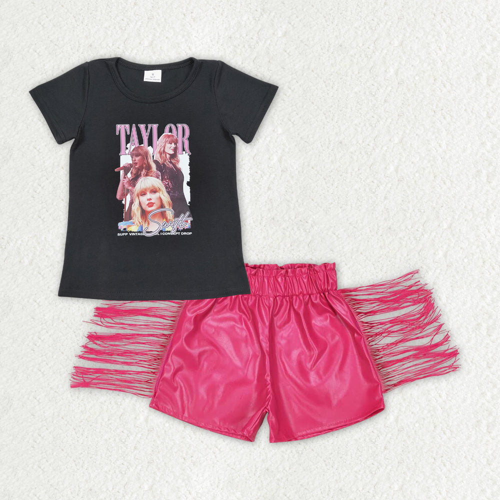 GSSO1123 Taylor country singer black short sleeve hot pink tassels leather shorts girls set