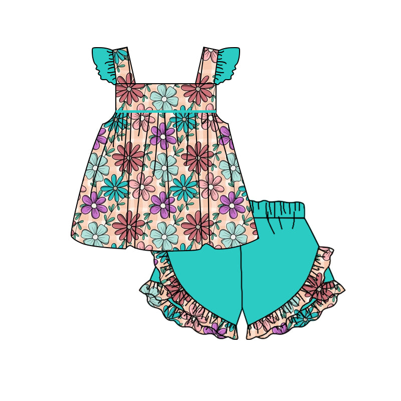 preorder GSSO1132 multi color flowers flutter sleeve green shorts girls floral set
