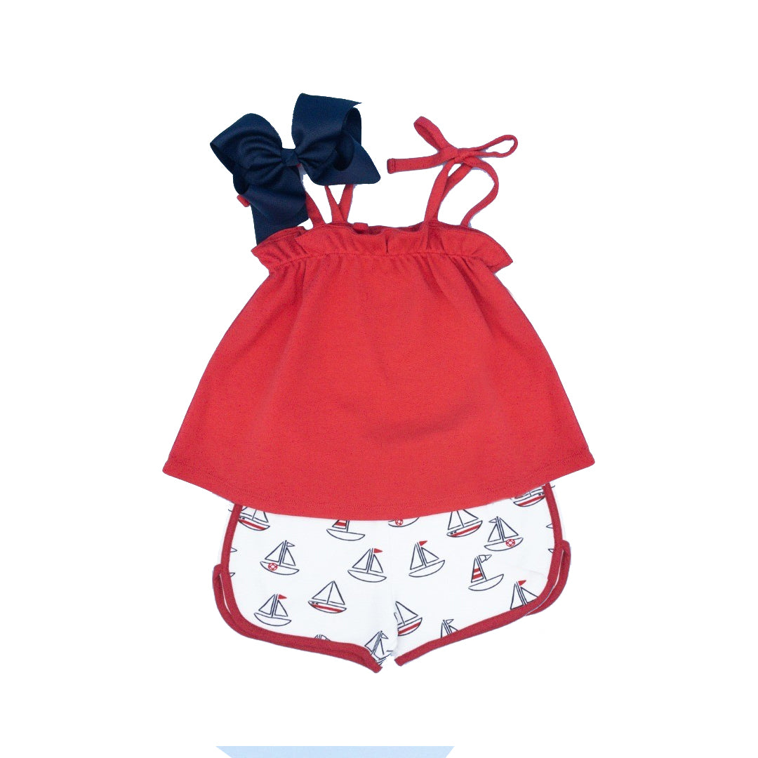 preorder GSSO1138 red lace-up sailboat shorts girls set