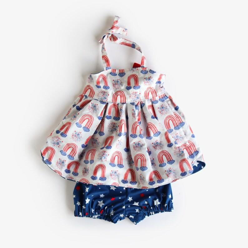 preorder GSSO1147 July 4th fireworks rainbow lace-up blue star shorts girls set (5-6t)