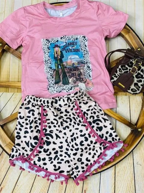 preorder GSSO1150 pop singer pink short sleeve cow print  leopard shorts girls set