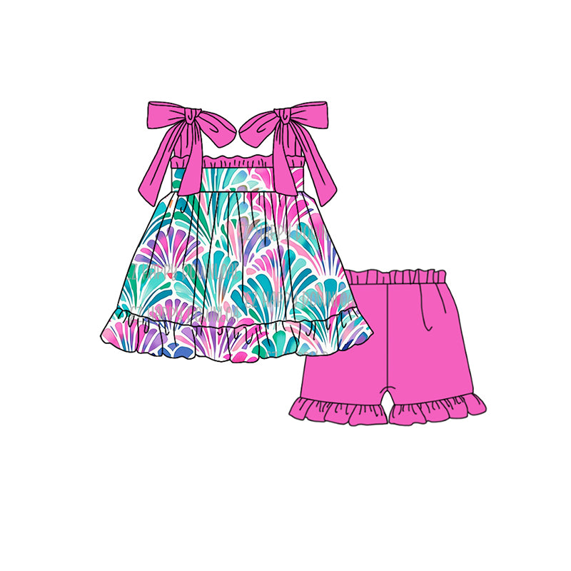 preorder GSSO1156 sea shell colorful shell lace-up hot pink shorts girls set