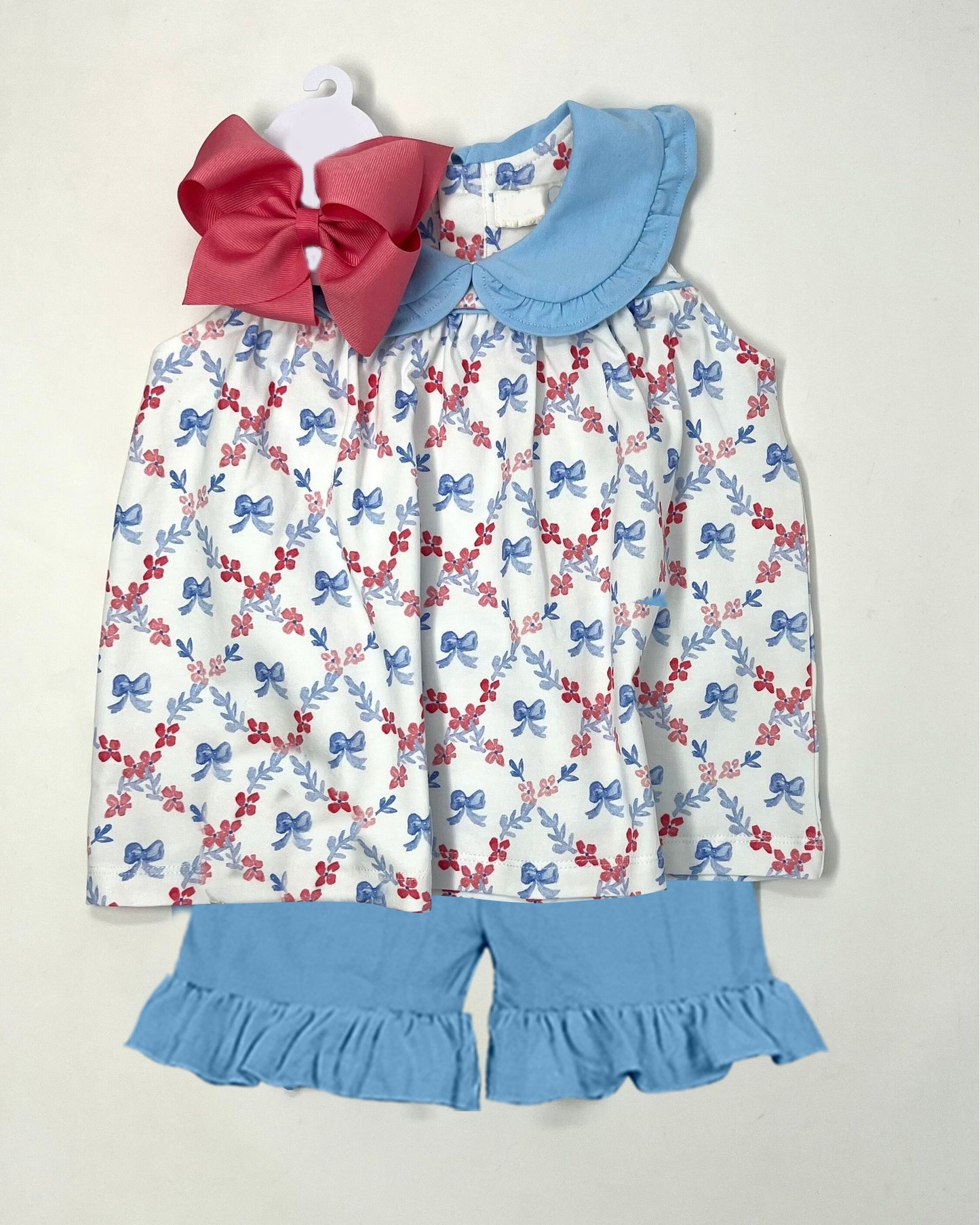 preorder GSSO1158 blue red bow sleeveless blue shorts girls set Summer cute set