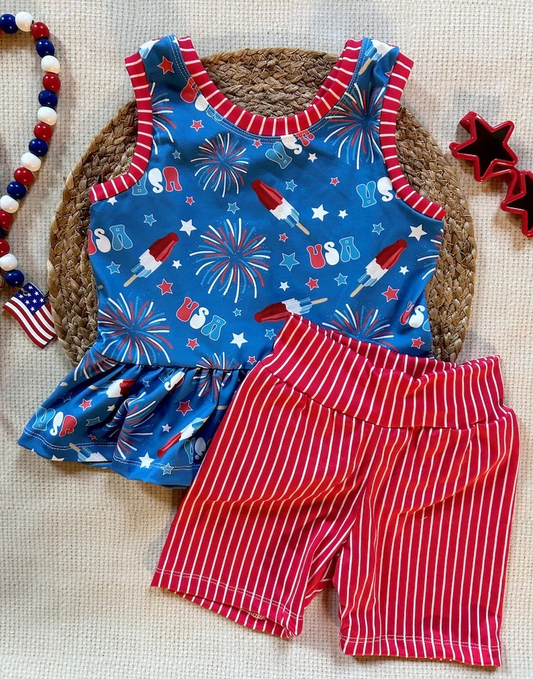 preorder GSSO1162 July 4th USA fireworks blue sleeveless red striped shorts girls set