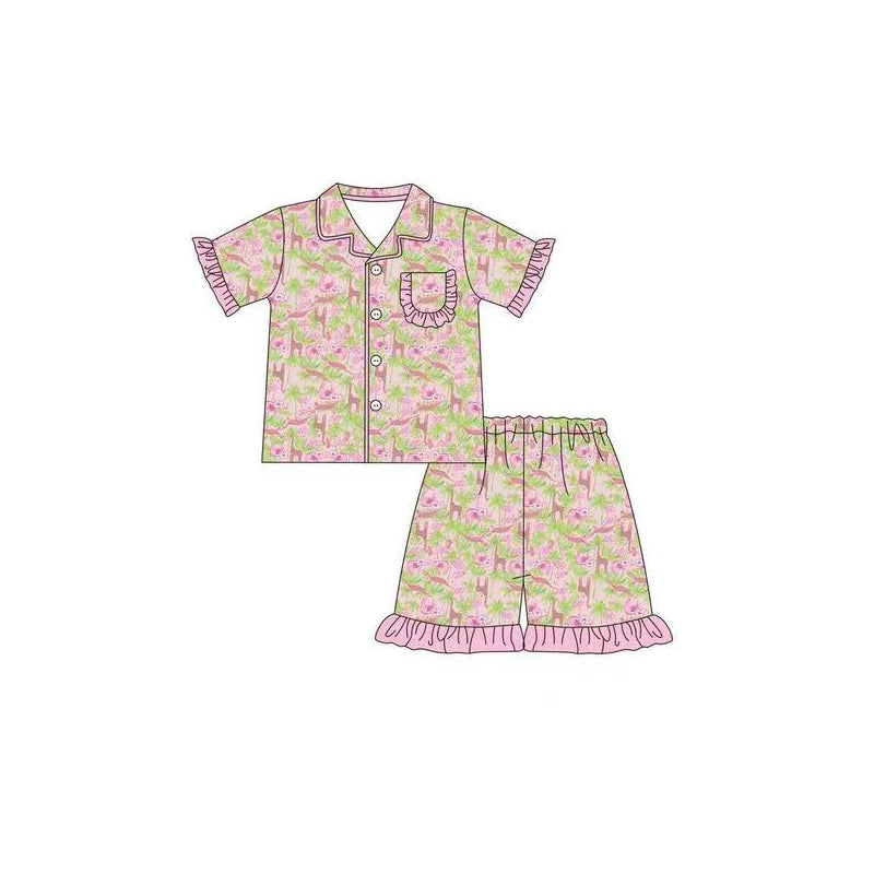 preorder GSSO1164 animals pink flowers pocket short sleeve shorts girls pajamas