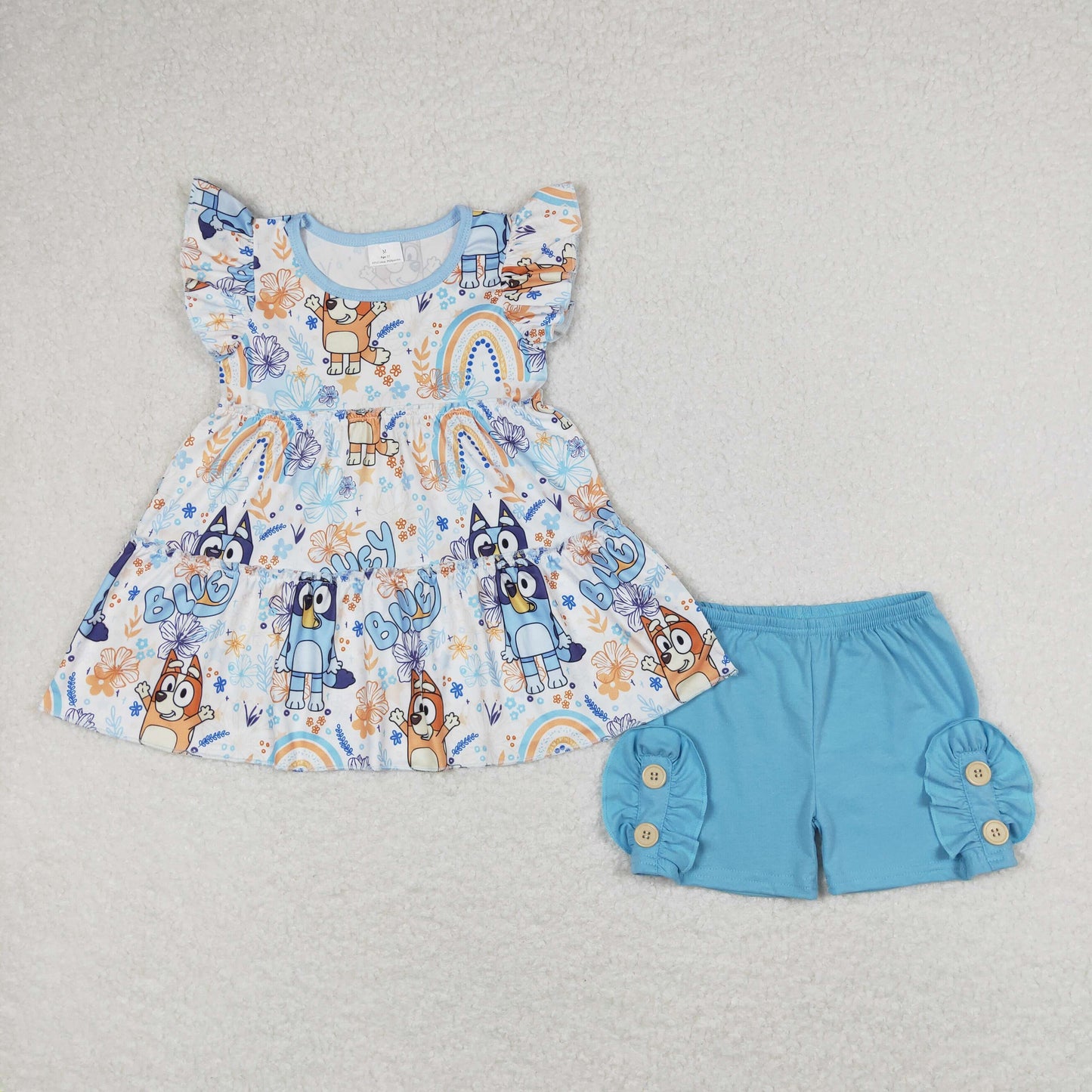 GSSO1170 cartoon blue dog rainbow flutter sleeve blue cotton shorts girls set