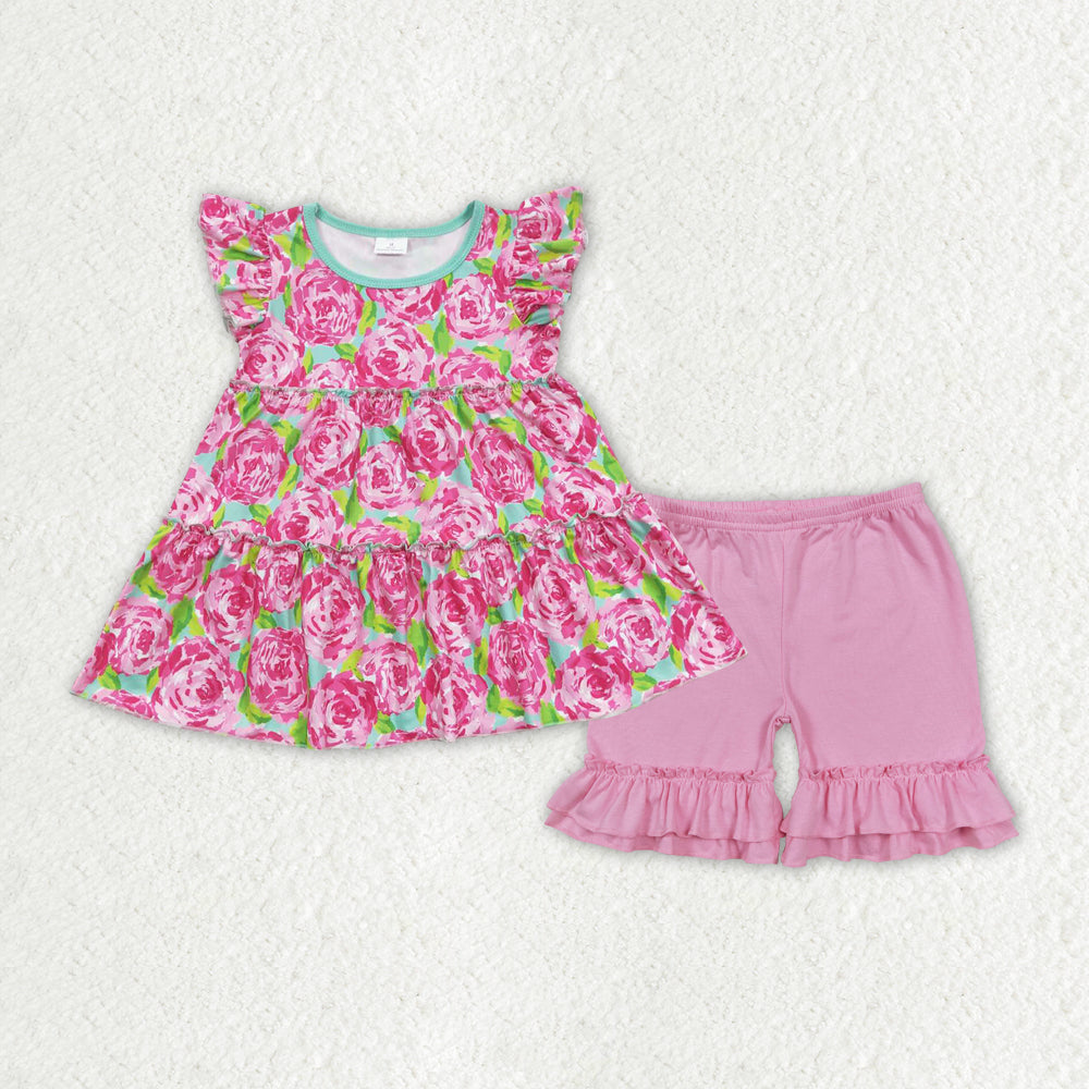 GSSO1171 hot pink rose flowers flutter sleeve pink shorts girls set