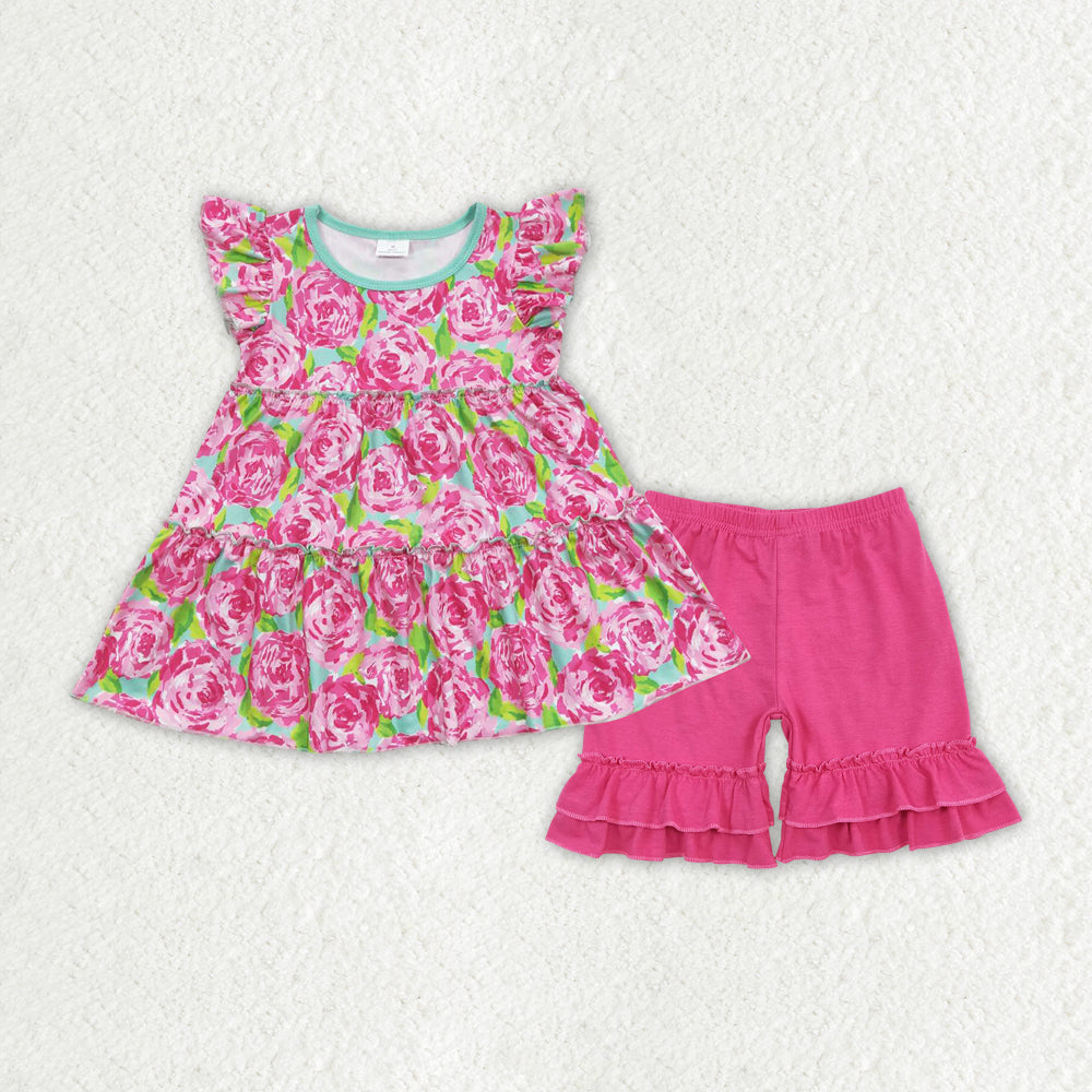 GSSO1172 hot pink rose flowers flutter sleeve hot pink shorts girls set