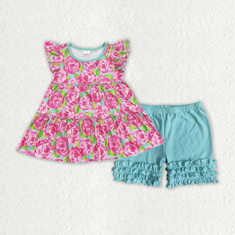 GSSO1173 hot pink rose flowers flutter sleeve sky blue shorts girls set