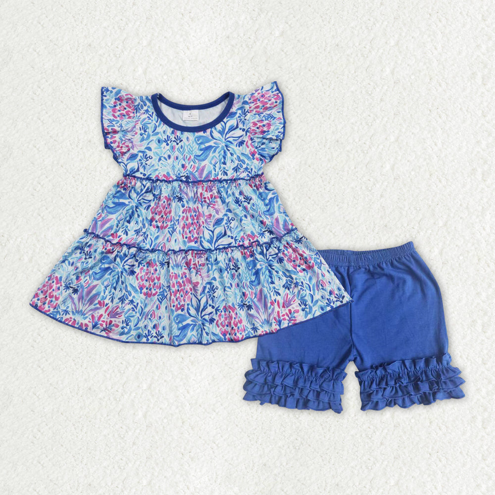 GSSO1174 pink flowers blue flutter sleeve blue shorts girls set