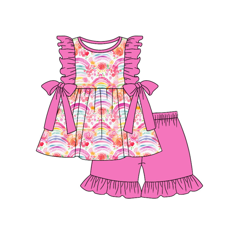 preorder colorful rainbow flowers ruffles top hot pink shorts girls set