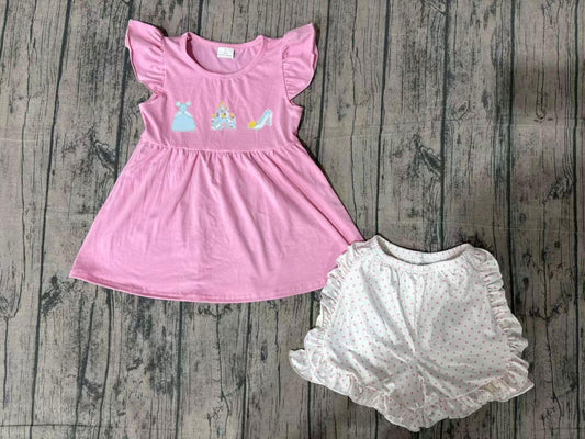 preorder Samples GSSO1186 cartoon princess castle pink flutter sleeve top pink dot girls shorts set
