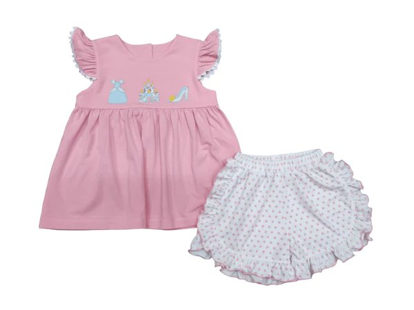 preorder GSSO1186 cartoon princess castle pink flutter sleeve top pink dot girls shorts set