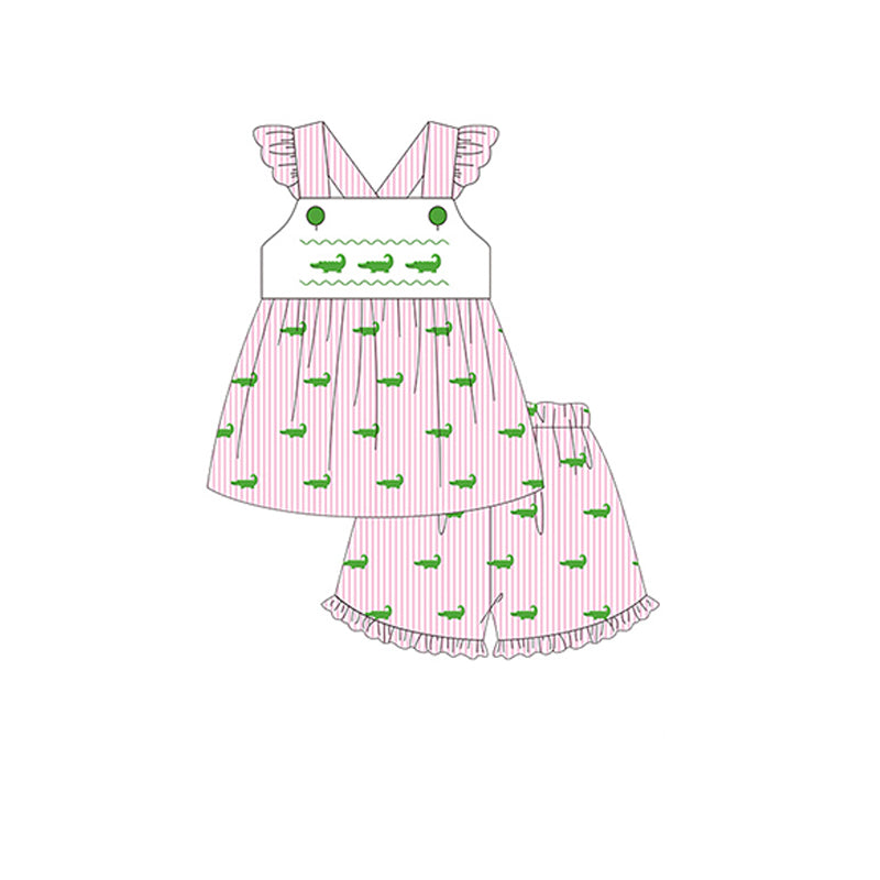 preorder GSSO1190  cute crocodile pink striped flutter sleeve girls shorts set