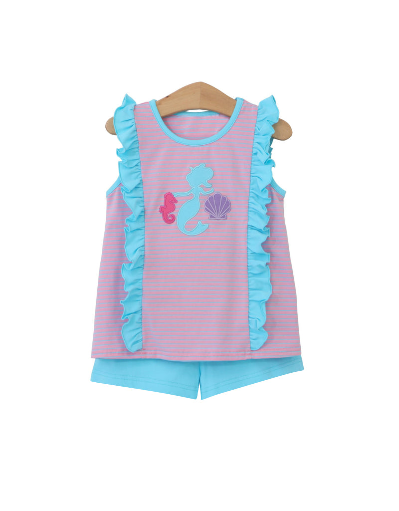 preorder GSSO1194 mermaid shell sea horse pink striped top blue shorts girls set