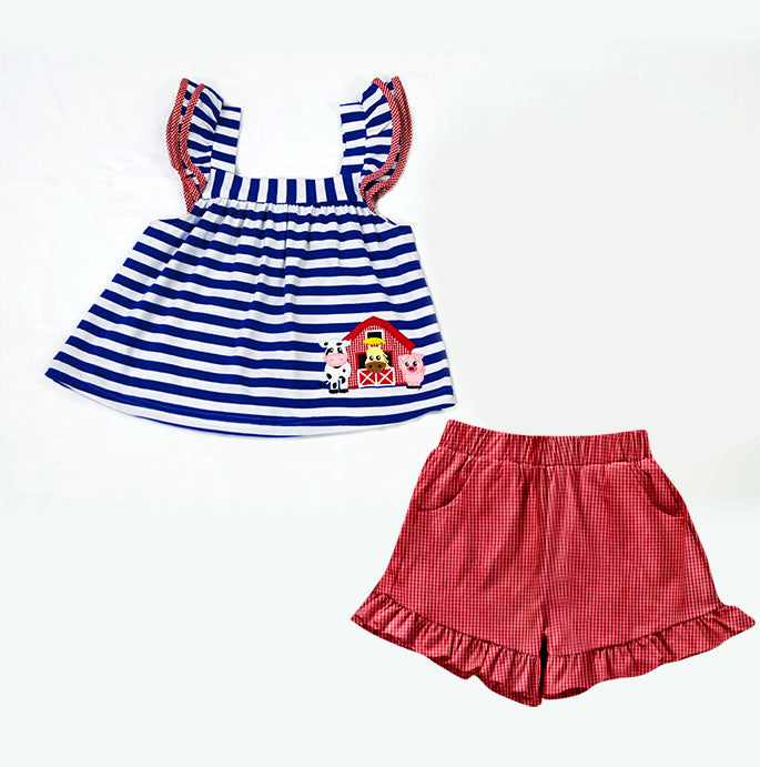 preorder GSSO1195 farm horse cow animals navy striped flutter sleeve top red shorts girls set