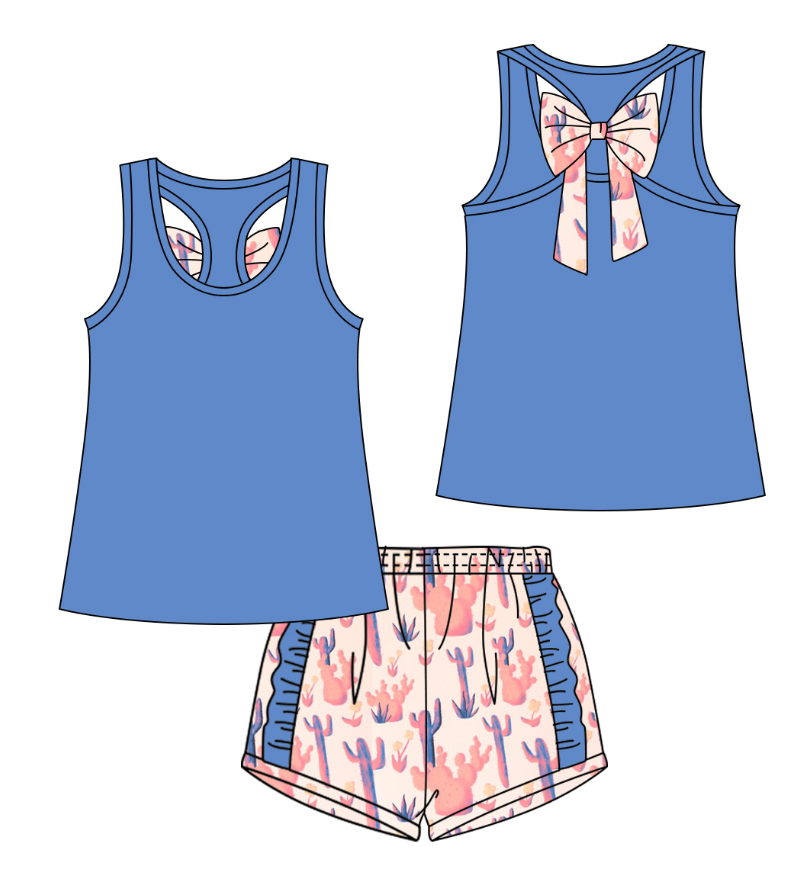 preorder GSSO1201 blue sleeveless with bow pink cactus shorts girls set