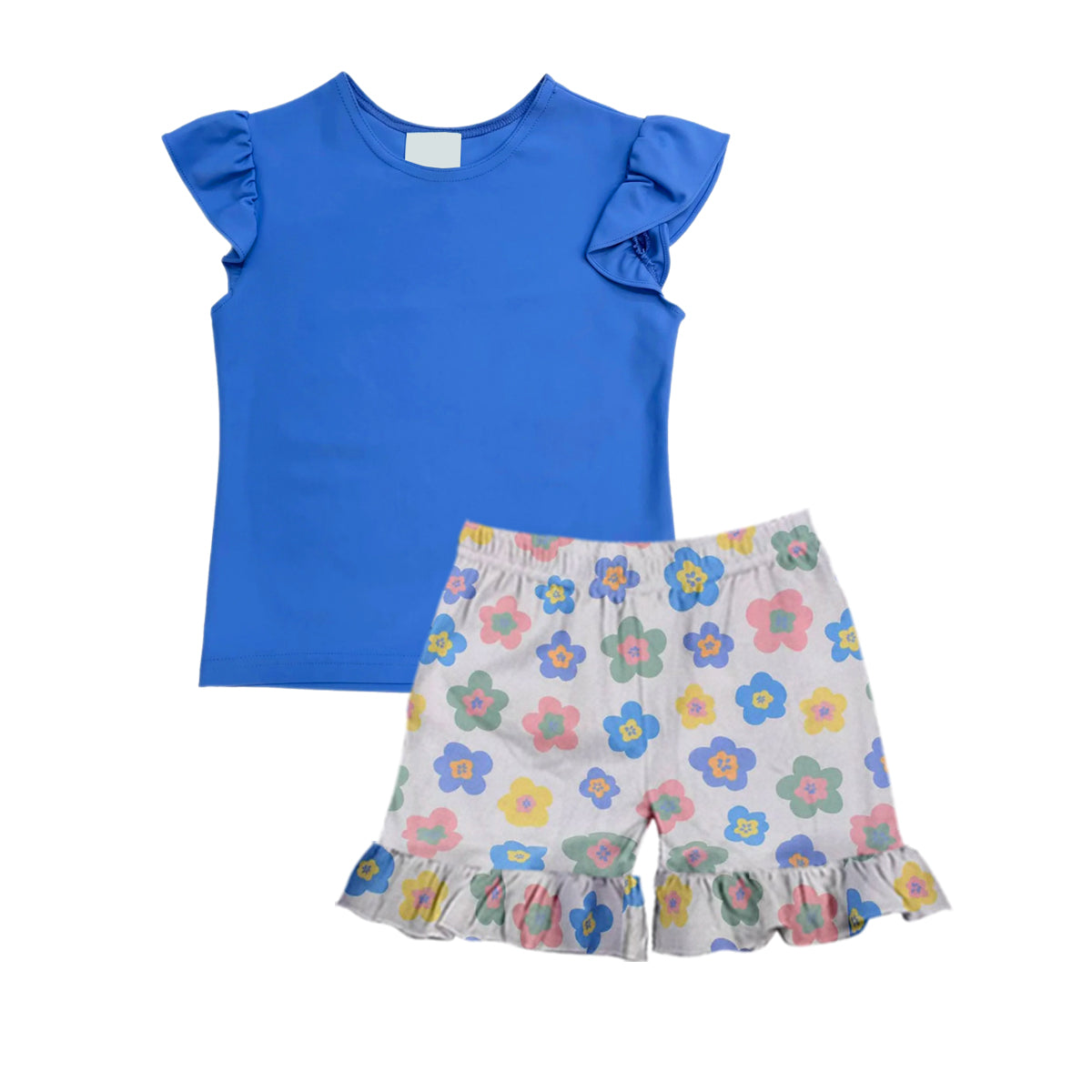 preorder GSSO1202 blue flutter sleeve multi color flowers shorts girls floral set