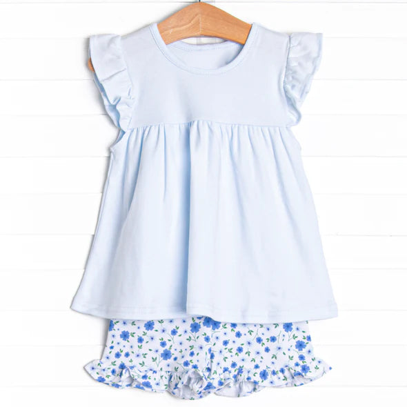 preorder GSSO1206 light blue flutter sleeve top blue flowers shorts girls set
