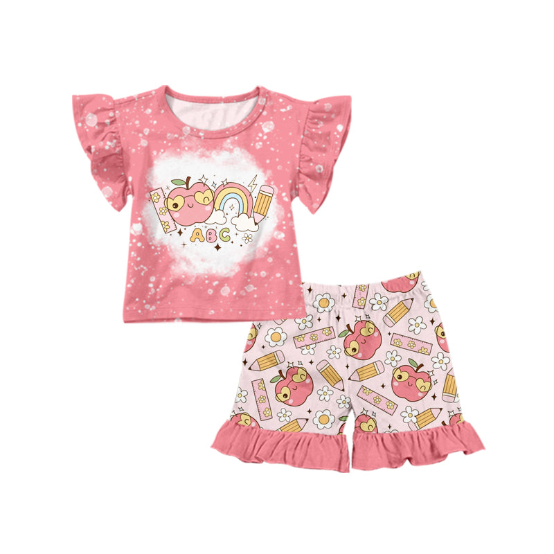 preorder GSSO1209 back to school ABC rainbow apple pen pink short sleeve shorts girls set