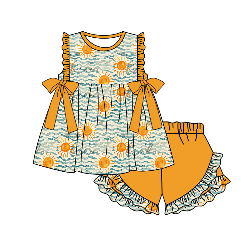 preorder GSSO1213 sun ruffles bows top orange shorts girls set