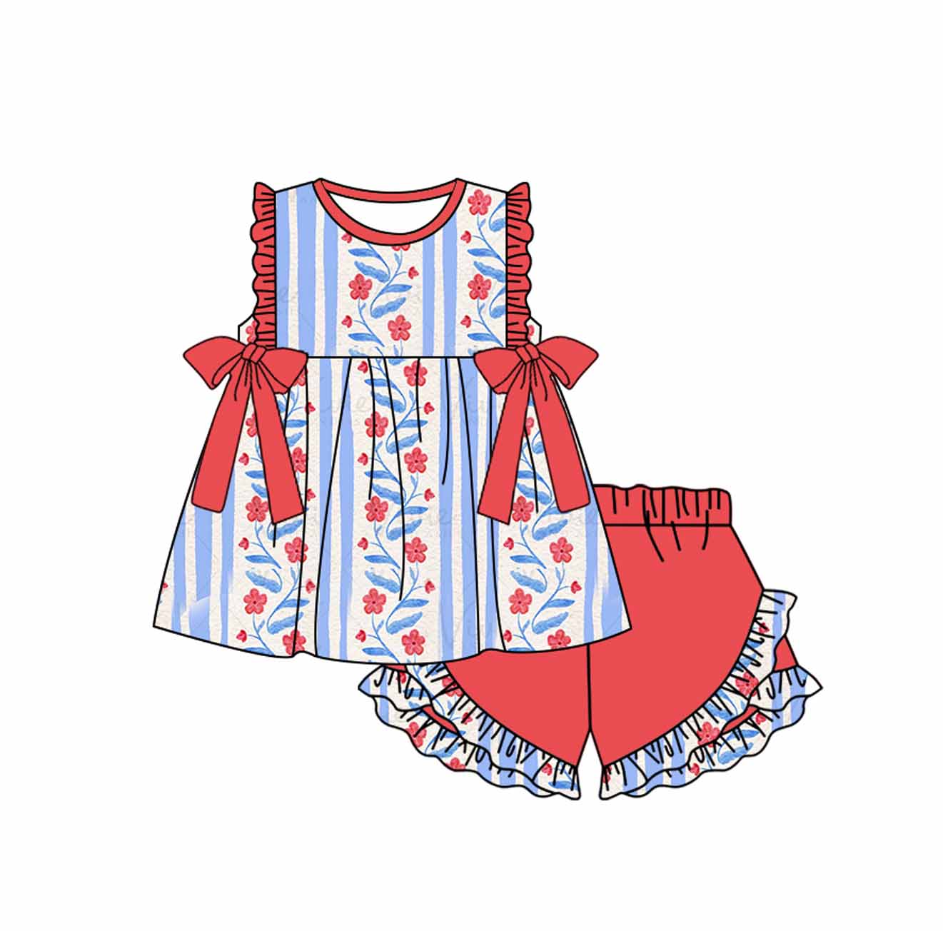 preorder GSSO1216 red flowers blue striped sleeveless red shorts girls set