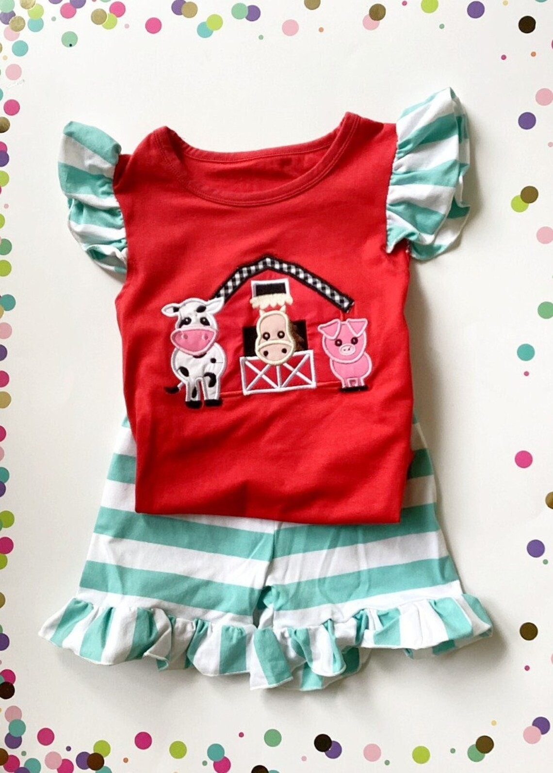 preorder GSSO1224 farm horse cow pig red flutter sleeve blue striped shorts girls set