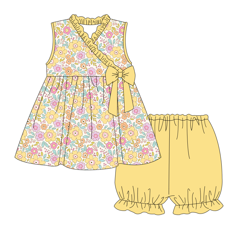 preorder GSSO1229 multi color flowers pockets sleeveless top yellow shorts girls floral set