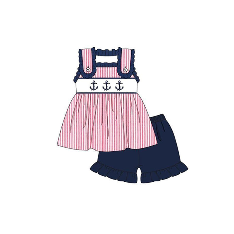 custom moq 3 boat anchor red striped ruffles top navy blue shorts girls set