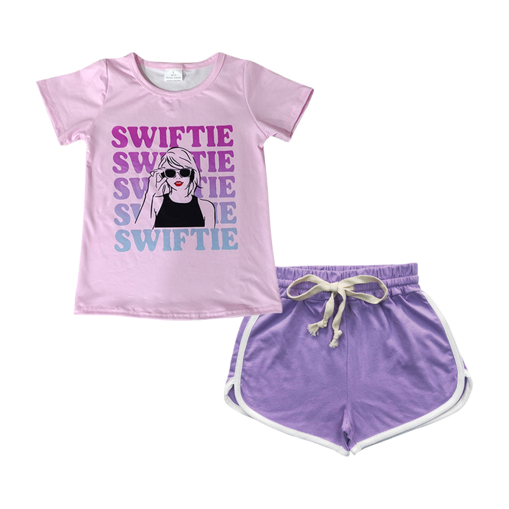 GSSO1232 country singer pink short sleeve purple shorts girls set pop singer