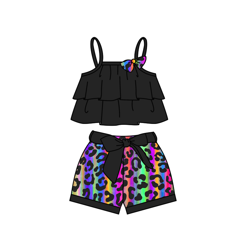 preorder GSSO1233 black ruffles camisole colorful leopard shorts girls set