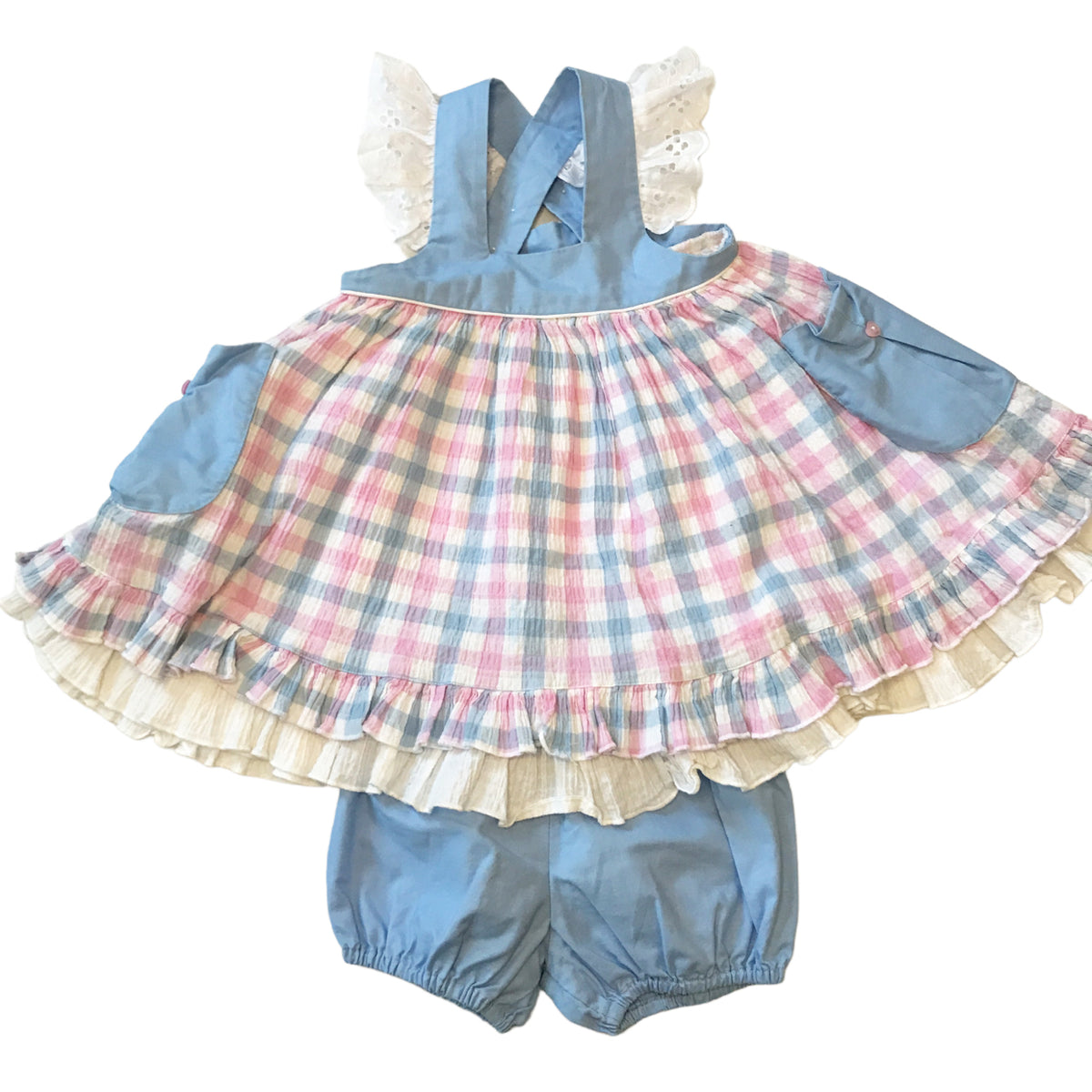 preorder GSSO1234 pink checkered pockets flutter sleeve blue shorts girls set
