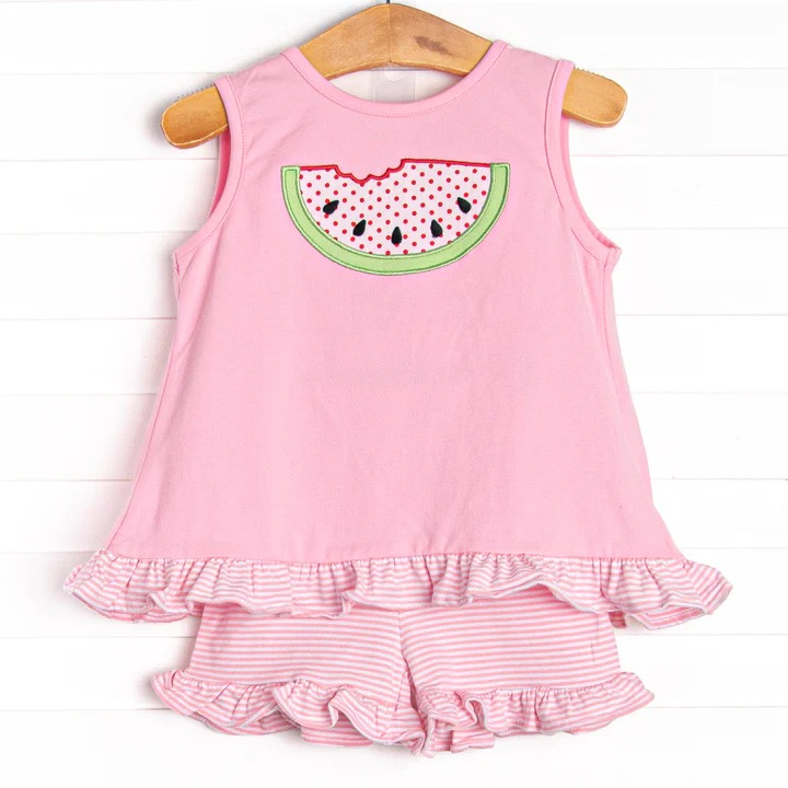 preorder GSSO1239 watermelon pink sleeveless pink striped shorts girls set