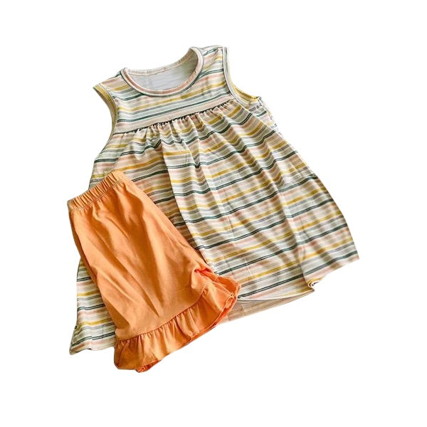 preorder GSSO1242 colorful striped sleeveless orange ruffles shorts girls set