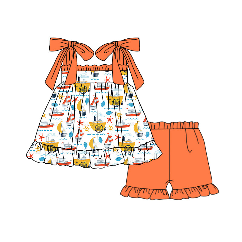 preorder GSSO1243 sailboat orange lace-up top orange ruffles shorts girls set