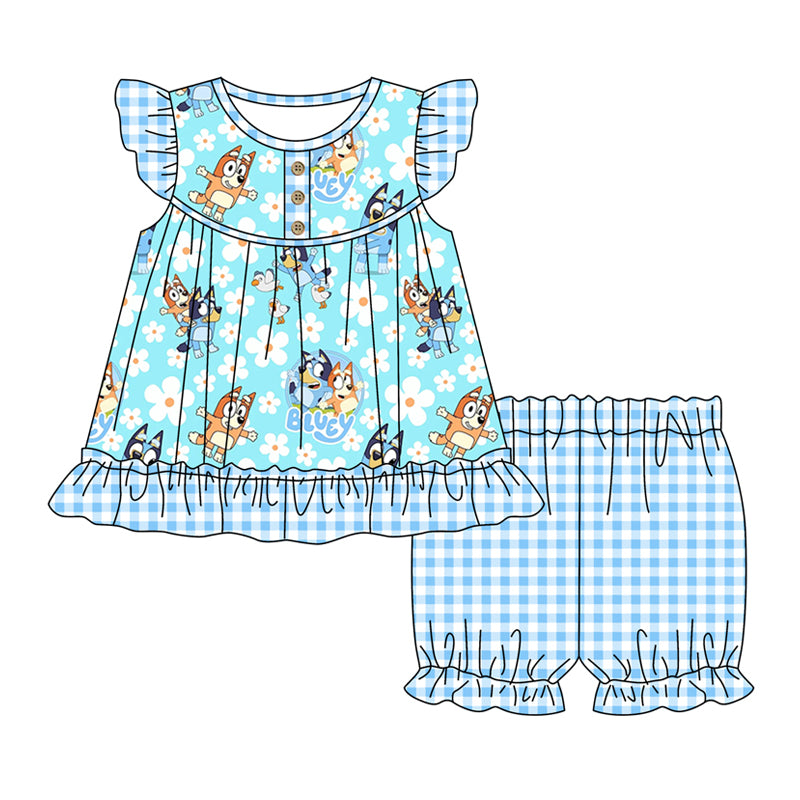 preorder GSSO1245 cartoon blue dog flowers flutter sleeve blue checkered shorts girls set