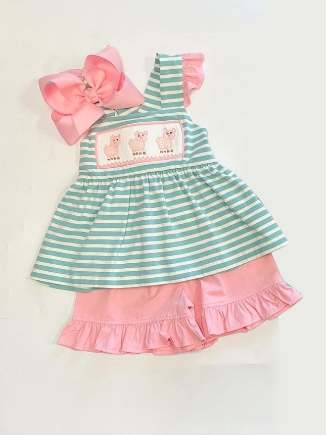 preorder GSSO1255 cute pig green striped flutter sleeve pink shorts girls set