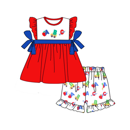 preorder GSSO1257 back to school ABC red flutter sleeve apple shorts girls set